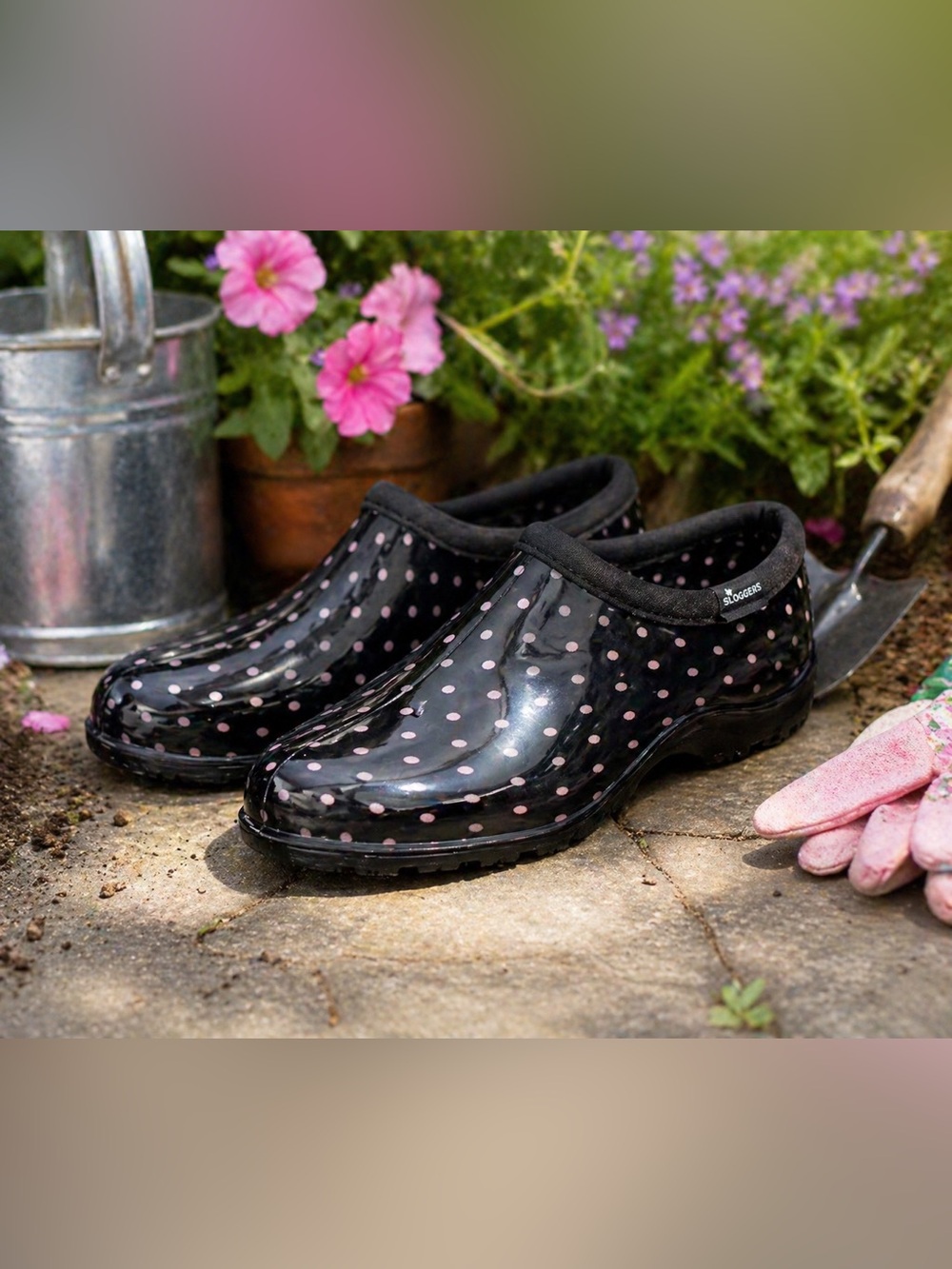 Sloggers Womens Size 7 Black Pink Polka Dot Garden Rain Clogs Waterproof USA